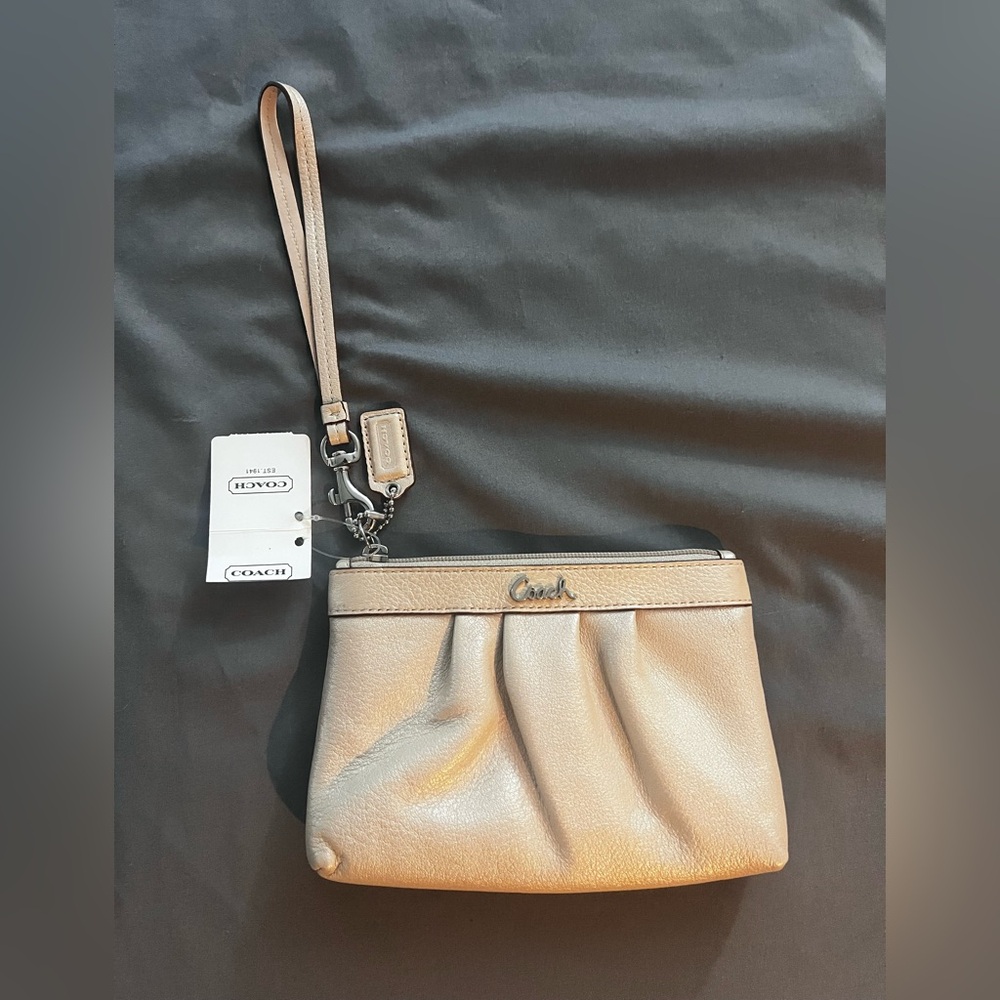 Coach Genuine Leather Shell Wristlet Clutch with Pleated Design